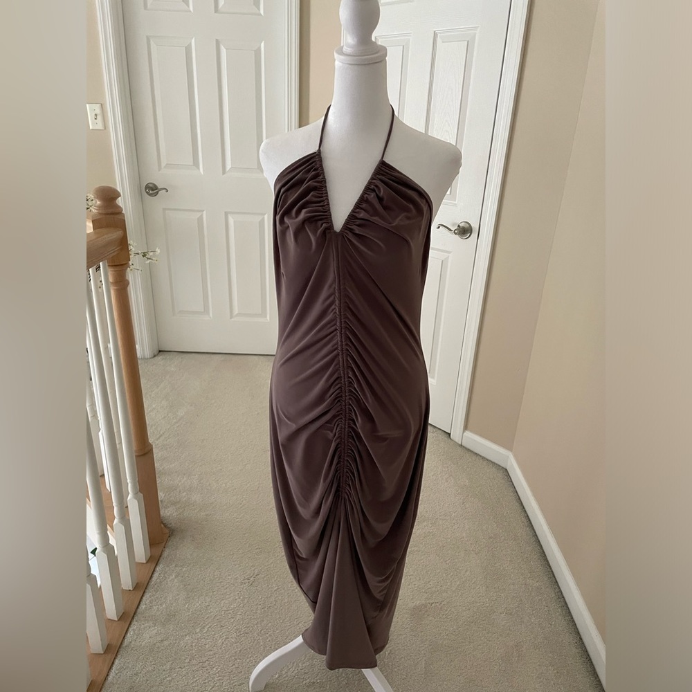 Zara chocolat ruched front midi dress N open back size L